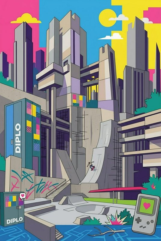 Skateboarder rides a ramp in a vibrant retro brutalist city skatepark illustration