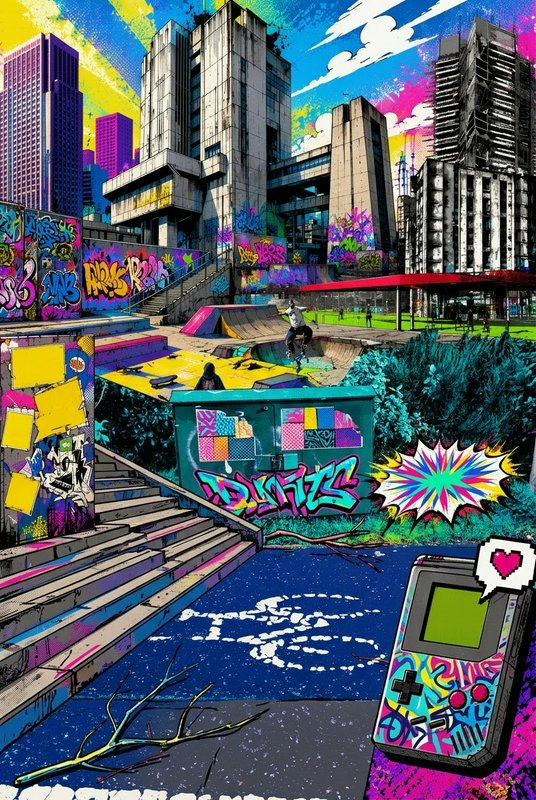 Colorful pop art urban skatepark covered in graffiti, with a custom retro Game Boy in the foreground and a skater mid-trick
