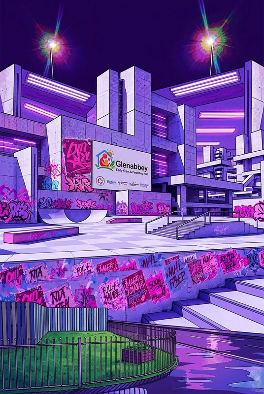 Stylized cyberpunk illustration of a graffiti-covered brutalist community skate plaza at night