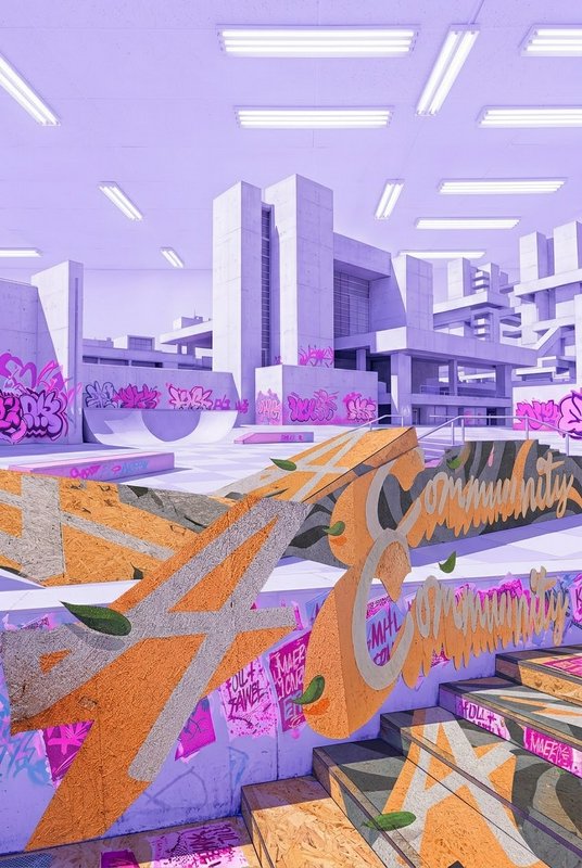 Surreal pastel lavender indoor skate park decorated with pink graffiti and custom skate ramps