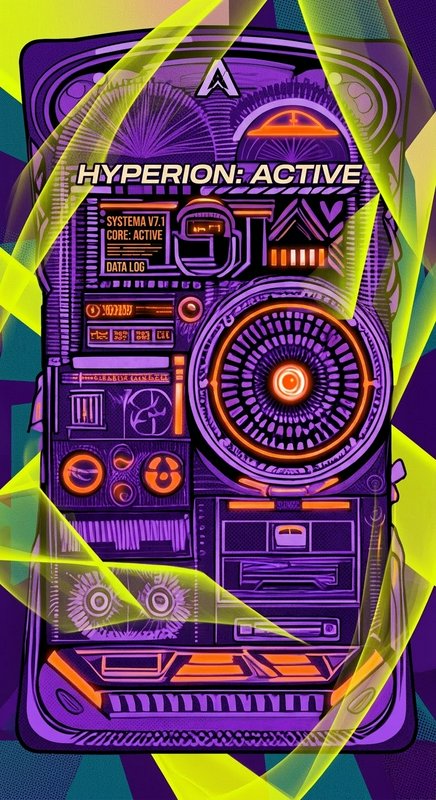 Futuristic cyberpunk Hyperion active system interface illustration with glowing neon purple and orange details