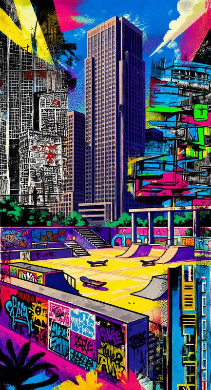 Bold pop art illustration of a graffiti-covered urban skate park surrounded by downtown skyscrapers