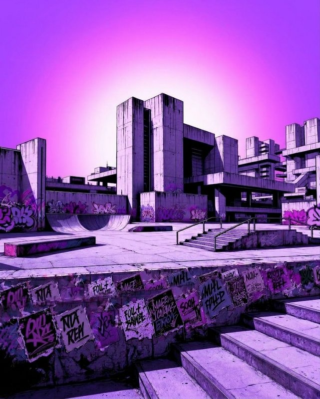 Abandoned graffiti-covered brutalist skate park sits under a glowing purple gradient sky