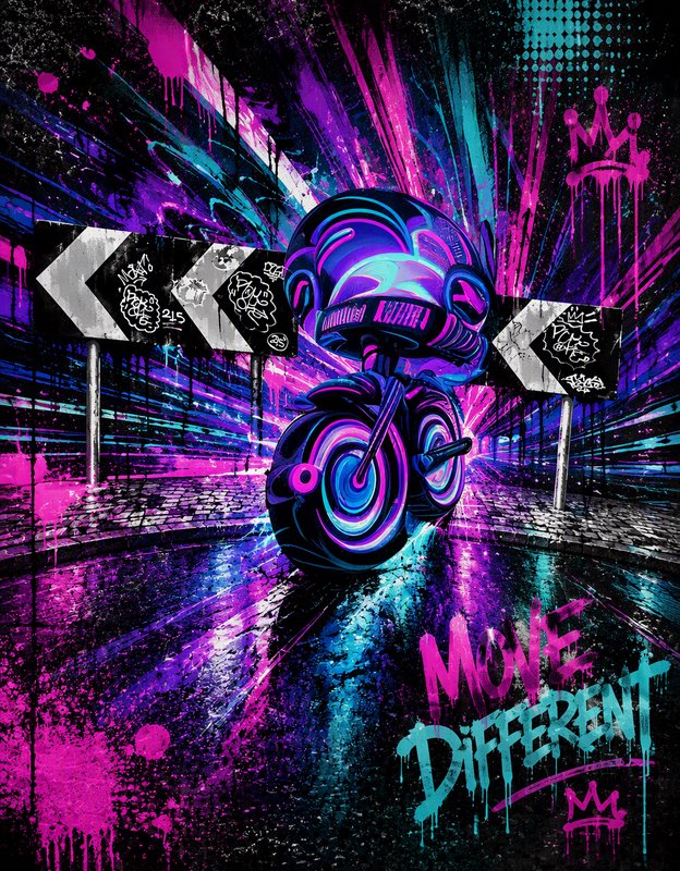 Futuristic neon cyberpunk motorcycle sits on a wet graffiti street next to directional signs with "Move Different" text