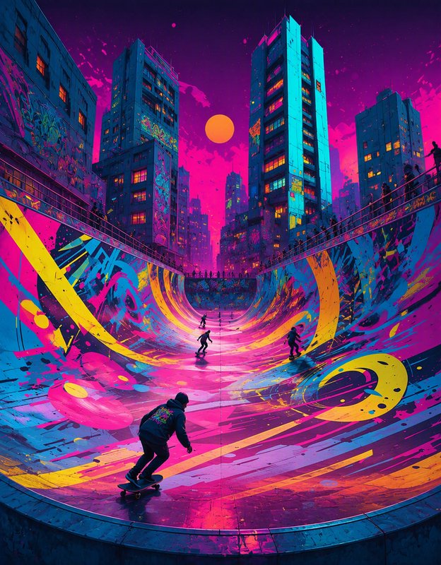 Skateboarders ride a colorful graffiti covered mega ramp in a neon cyberpunk city at sunset