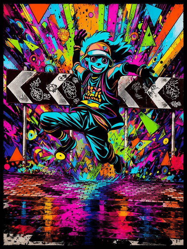 Grinning blue-skinned street art character jumps mid-air in front of tagged road signs against a neon burst background