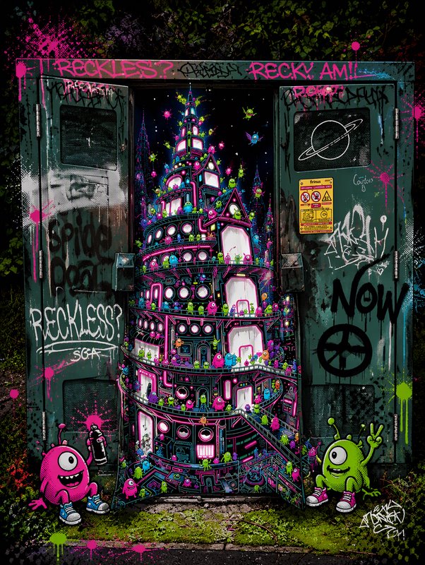 Graffiti-covered utility box opens to show a vibrant neon alien skyscraper flanked by cute cartoon monster characters
