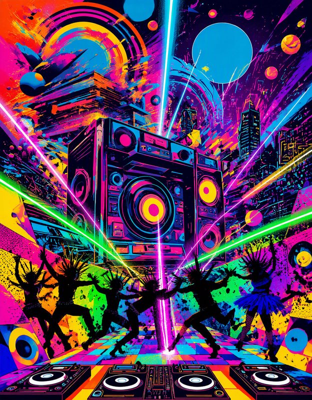 Silhouetted ravers dance under neon laser lights in front of a giant boombox at a psychedelic rave party