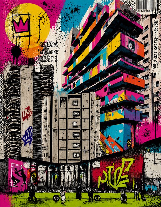 Bold graffiti-style illustration of contrasting brutalist and colorful city apartment blocks above a courtyard