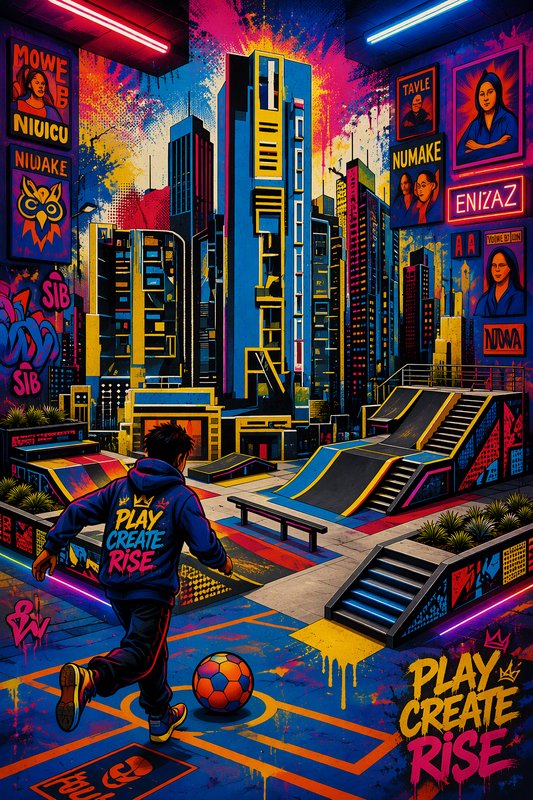 Teen wearing a "Play Create Rise" hoodie dribbles a soccer ball in a neon graffiti urban skate park