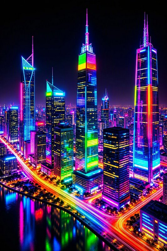 Futuristic neon-lit city skyline with rainbow skyscrapers, traffic light trails, and river night reflections
