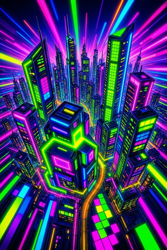 High angle view of a glowing neon cyberpunk metropolis with radial speed light streaks