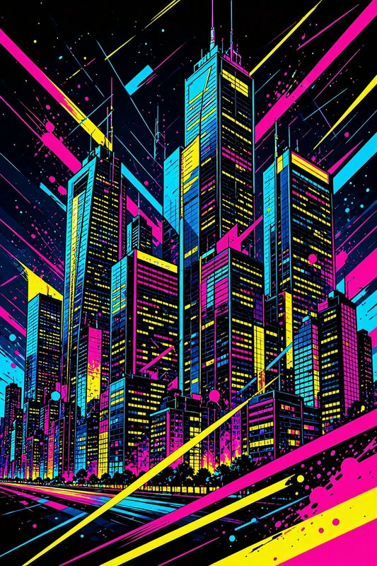 Bold graphic cyberpunk city skyline with neon pop art skyscrapers and dynamic bright speed lines