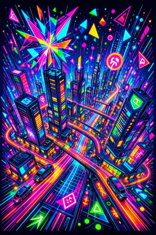 Vibrant neon cyberpunk city with glowing skyscrapers, streaking traffic, and geometric fireworks bursting overhead