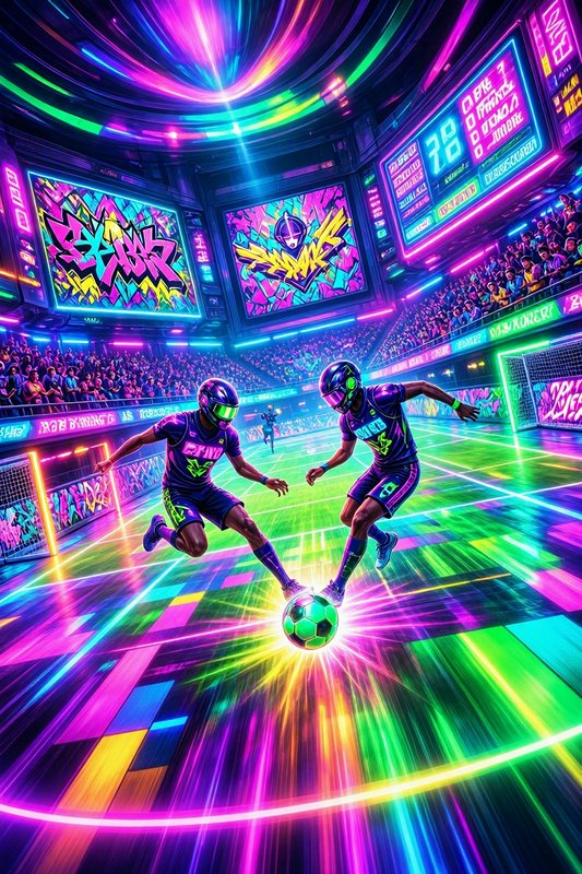 Two helmeted futuristic soccer players compete for a glowing ball inside a neon cyberpunk arena