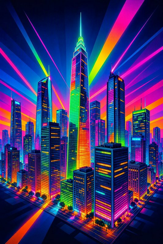 Vibrant neon cyberpunk city skyline with rainbow light beams radiating from the central skyscraper