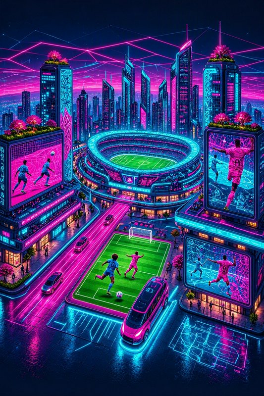 High angle view of a neon cyberpunk city where players compete on a street-level soccer pitch next to a glowing stadium