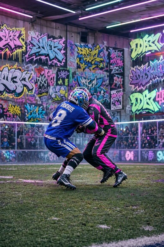 Two helmeted football players lock in a tackle on a neon-lit graffiti covered indoor field