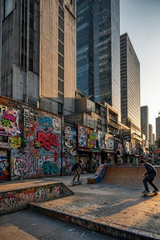 Skateboarders ride ramps at a graffiti-covered downtown urban skate park surrounded by high-rise city towers