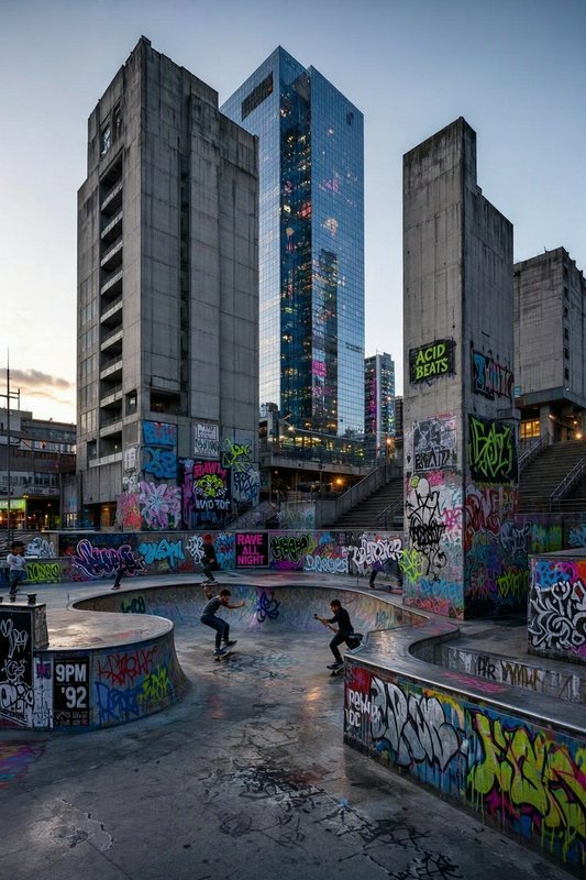 Graffiti-covered inner city skate park sits between brutalist towers and a glass skyscraper at dusk