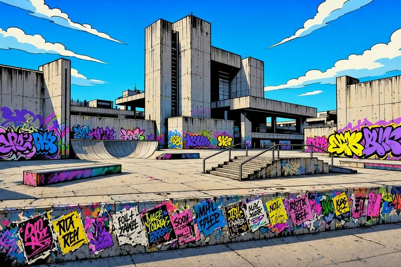 Colorful graffiti-covered brutalist concrete skate park under a bright blue stylized sky