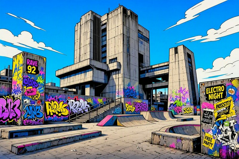 Vibrant anime-style graffiti-covered skate park sits before a brutalist concrete building under bright blue sky