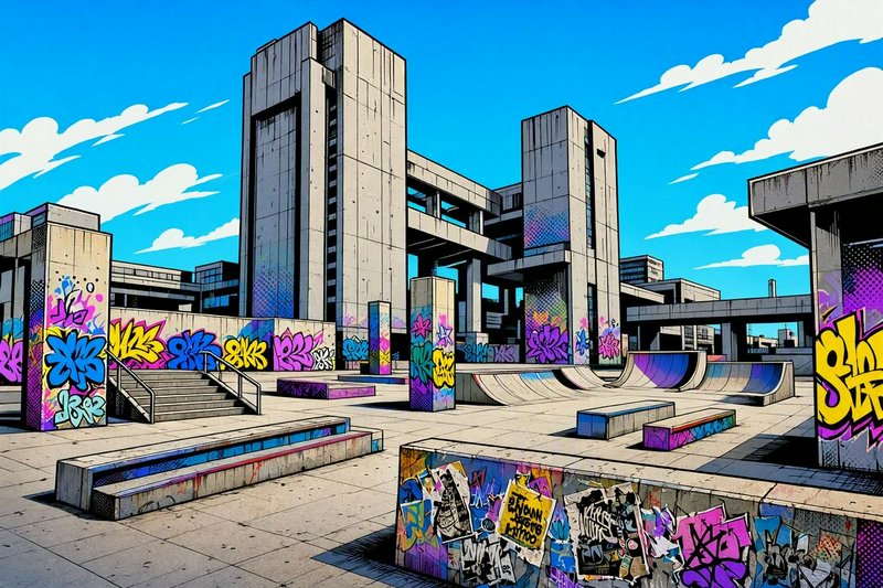 Graffiti covered brutalist concrete skate park with ramps under a bright stylized blue sky
