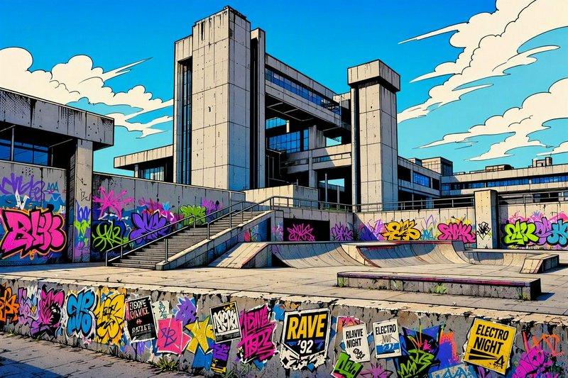 Vibrant graffiti-covered skate park sits in front of a towering brutalist concrete building under bright blue skies