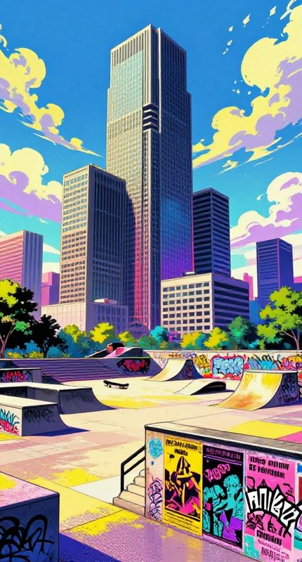 Vibrant illustrated urban skate park with graffiti-covered ramps set against a downtown skyscraper skyline under bright