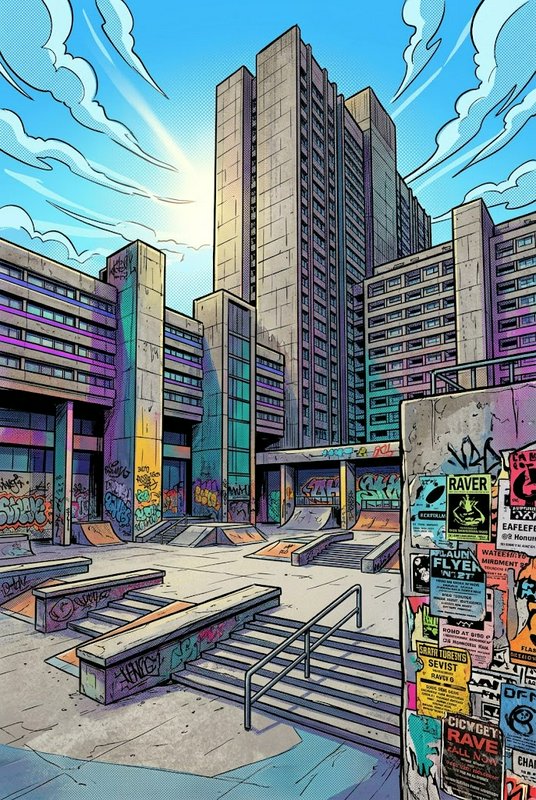 Pop art illustration of a graffiti-covered urban skatepark in a brutalist housing estate courtyard on a sunny day