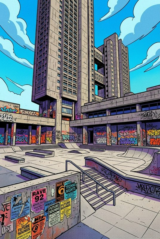 Bold comic style illustration of a graffiti-covered brutalist tower courtyard repurposed as an urban skate park