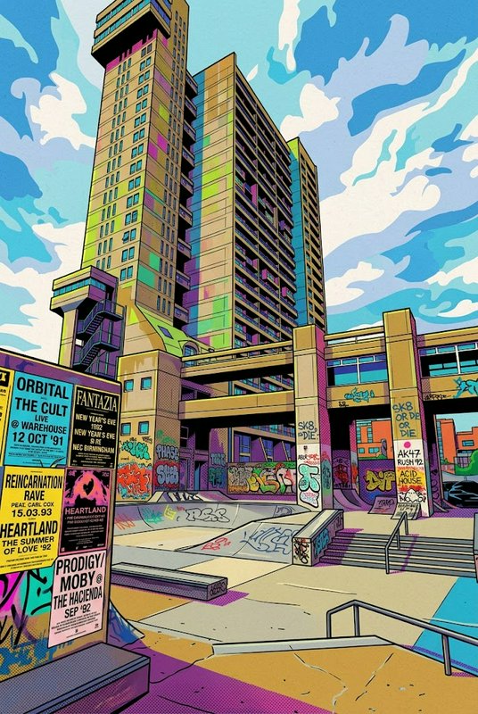 Colorful pop art illustration of a graffiti-covered high-rise skate park plastered with 90s rave posters