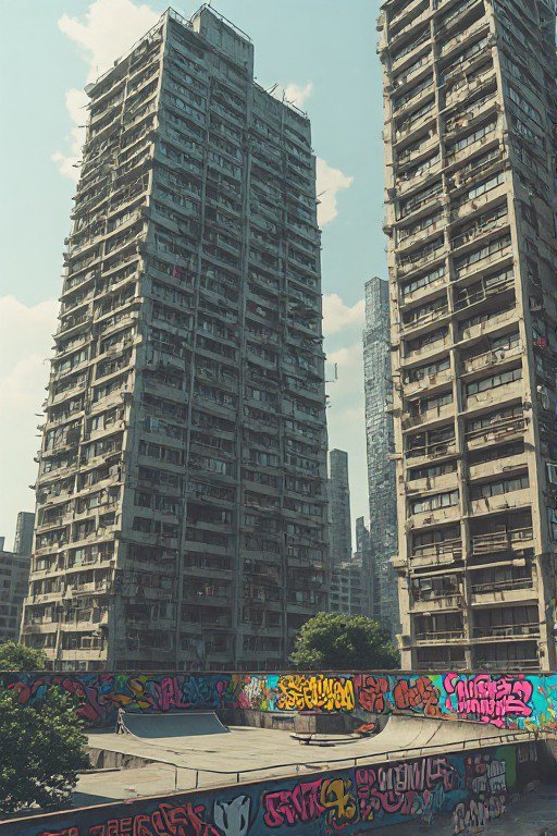 Dilapidated brutalist high rise towers overlook a graffiti-covered rooftop skatepark under a pale sunny sky