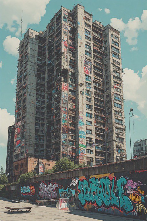 Graffiti-covered weathered brutalist high-rise looms over a paved urban skate park under a bright sky