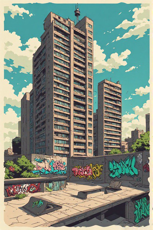 Retro anime illustration of a graffiti covered rooftop skate park below brutalist apartment towers