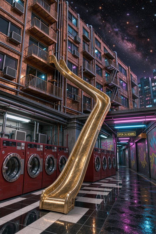 Curved golden slide runs from apartment balconies down to a neon lit laundromat under a starry night sky