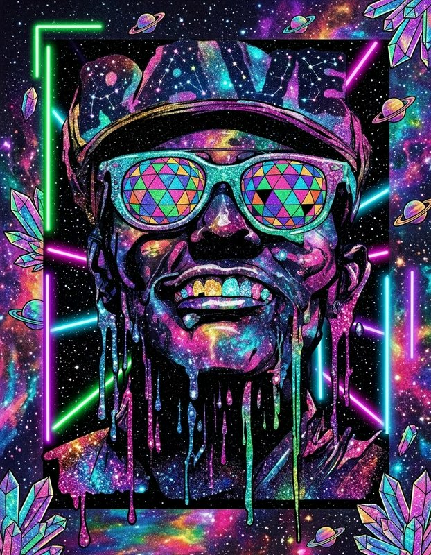 Surreal psychedelic portrait of a man with kaleidoscope sunglasses, glowing drips, and cosmic space background