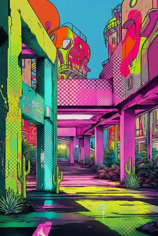 Vibrant pop art illustration of a retro-futuristic cyber motel corridor lined with desert cacti