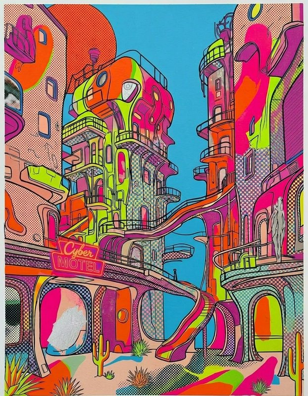 Psychedelic pop art illustration of a vibrant futuristic Cyber Motel desert cityscape