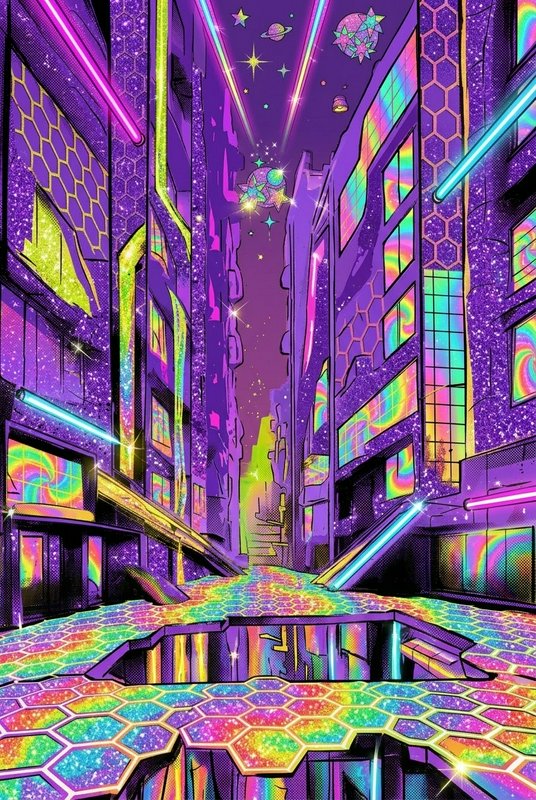 Glittery neon cyberpunk alley with iridescent rainbow architecture under a cosmic starry purple sky
