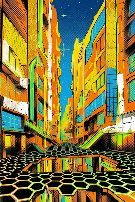 Retro-futuristic comic city street with cracked honeycomb pavement under a starry night sky