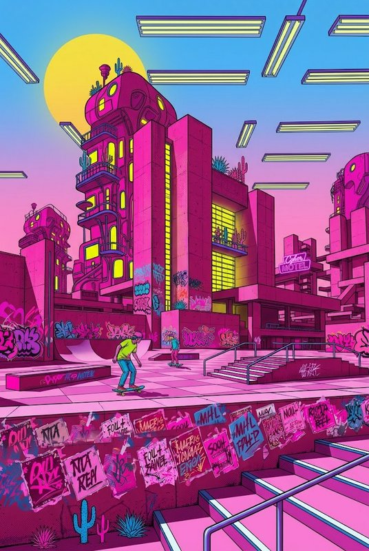 Vibrant neon cyberpunk skatepark with pink brutalist buildings, skaters, and floating fluorescent lights under a gradient