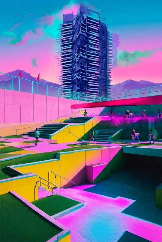 Surreal vaporwave urban plaza with pedestrians, a twisted skyscraper, and pastel gradient sunset sky
