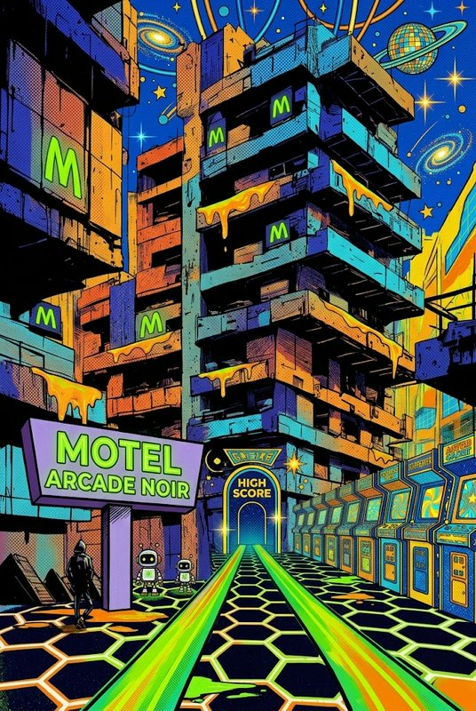 Vibrant retro-futurist Motel Arcade Noir street scene with arcade cabinets, small robots, and a starry cosmic sky