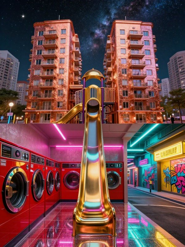 Surreal composite of a shiny golden slide running from a city playground under starry skies into a neon laundromat