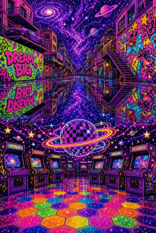 Surreal cosmic arcade alley with a floating ringed disco ball, graffiti buildings, and starry galaxy sky