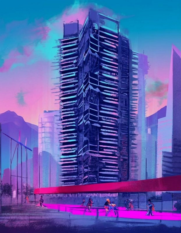 Glitch-style futuristic skyscraper towers over a neon pedestrian walkway under a pastel gradient sunset sky