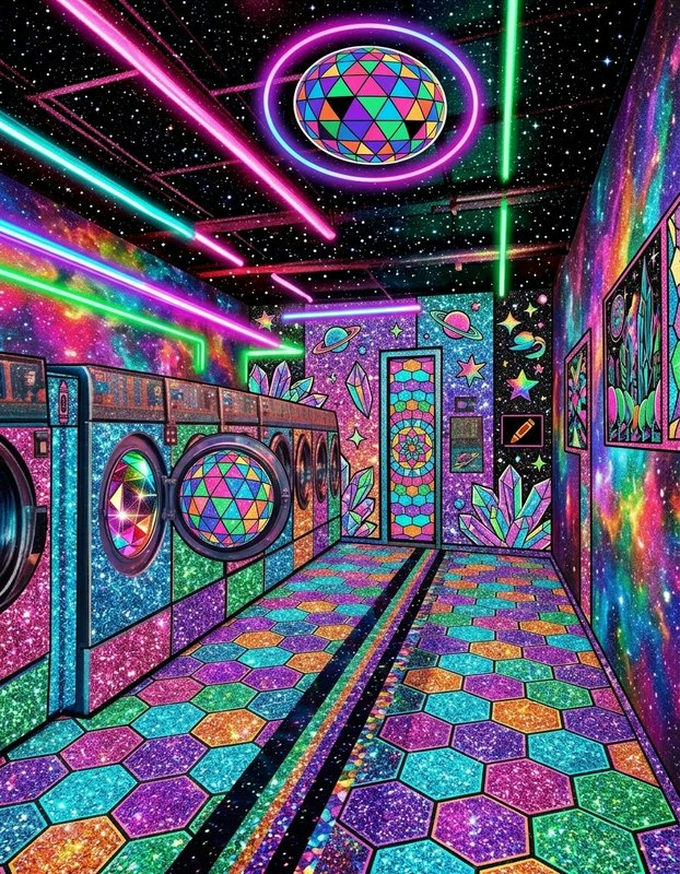 Surreal psychedelic laundromat interior with neon lights, galaxy walls, and glowing geometric disco ball ceiling