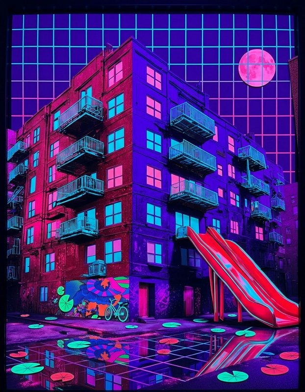 Surreal neon synthwave apartment building with attached red slide, glowing lily pads, and pink full moon over grid sky