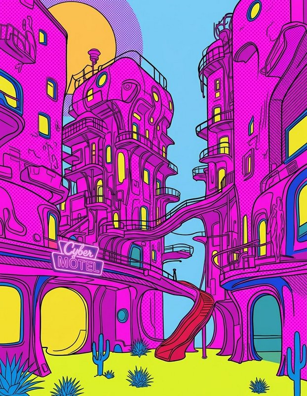 Bright retro-futurist cyber motel cityscape with curvy pink buildings, neon sign and desert plants